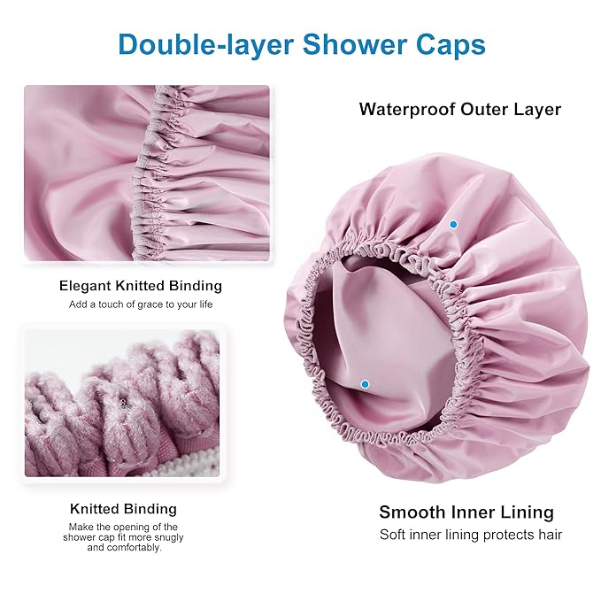 Shower Cap for Women, Double Layer Waterproof Bath Cap, Reusable Hair Protector, Large Waterproof Shower Bonnet Washable Elastic Band Bath Hair Hat for Long Hair, Braids， - Purple