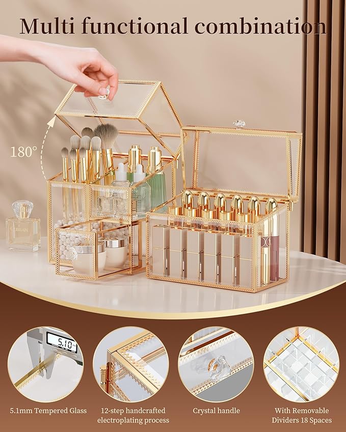 Tempered Glass Makeup Organizer – Clear Vanity Organizer with 18-Slot Lipstick Holder & Brush Organizer, Skincare and Perfume Storage for Dresser, Bathroom, and Countertop Use