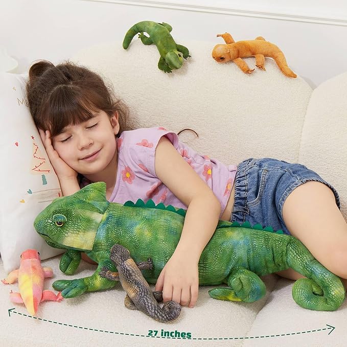 MorisMos Plush Lizard Stuffed Animals, 27'' Giant Mommy Chameleon Stuffed Animal with 4 Baby Lizard Toys for Kid Girl Boy, Realistic Large Iguana Mom, Cute Gecko Toys Gift for Kid Birthday Christmas