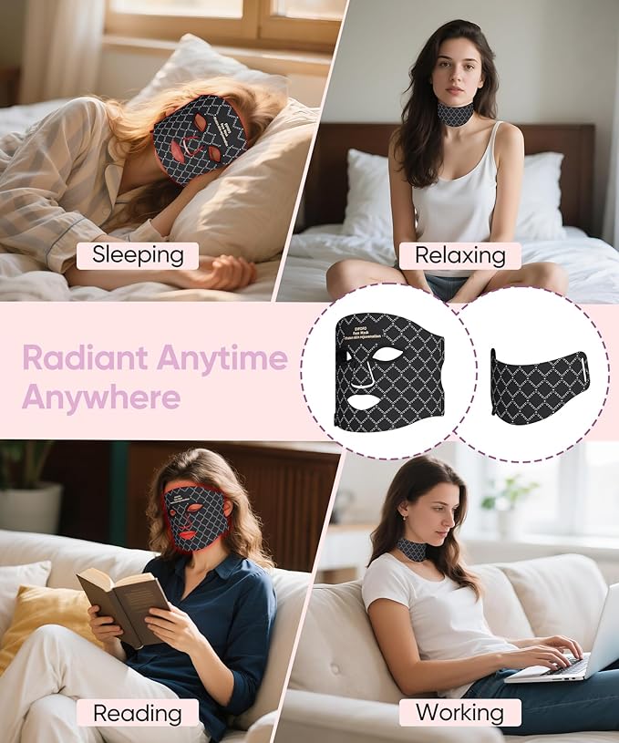 Red Light Photon Facial & Neck Mask with Remote Control, 7 Custom Modes with Infrared, Portable & Rechargeable with Timer for Home Use, 850nm Infrared & Red Light Masks, Black