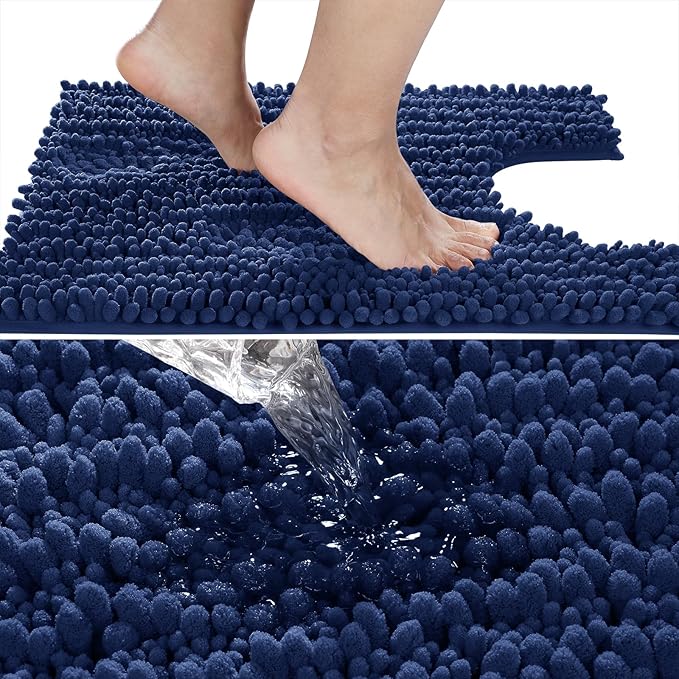 Yimobra Toilet Rug U Shaped Washable 24x20 Inch - Ultra Soft Absorbent Chenille Bath Rugs for Toilet, Quick Dry & Machine Washable, Non Slip Contour Bathroom Mat, Navy Blue