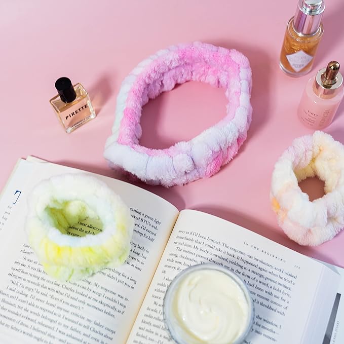 FROG SAC Spa Headband and Wristbands for Face Washing, Fuzzy Skincare Make Up Headbands Set for Women, Soft Puffy Makeup Skin Care Facewashing Hair Band Accessories for Girls (Rainbow Tie Dye)