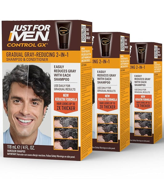 Just for Men Control GX Grey Reducing 2-in-1 Shampoo and Conditioner, Gradual Hair Color with Keratin for Stronger Thicker and Healthier Looking Hair, 4 Fl Oz - Pack of 3 (Packaging May Vary)