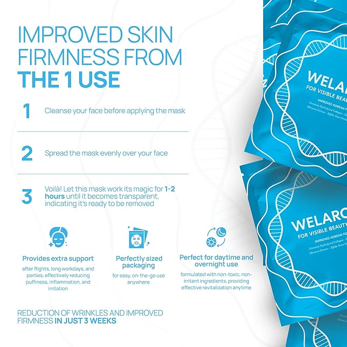 Welaroise Bio Protein Collagen Hydrogel Deep Face Mask +35% More Collagen, Intense Hydration & Moisturization, Firming, Anti-Aging, Skin Renewal, Korean Skincare (Pack of 16)