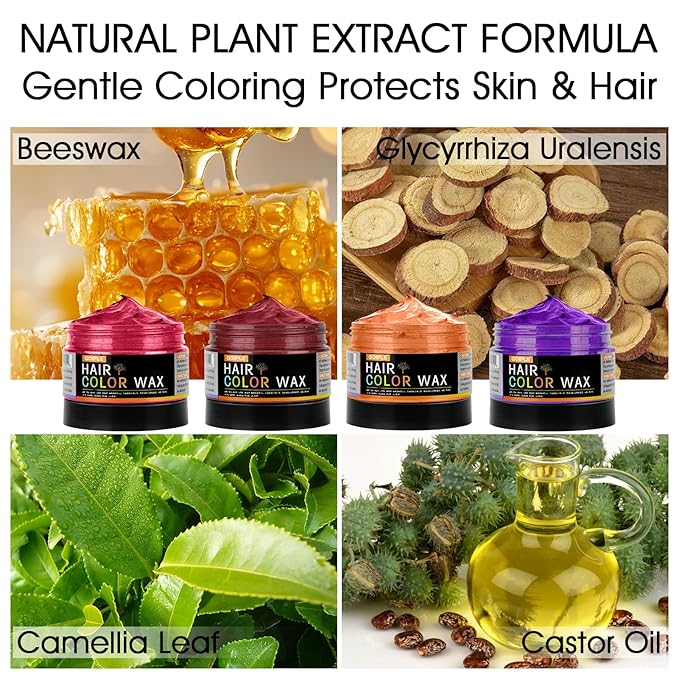 4 Colors Temporary Hair Color Wax for Christmas Party, Stocking Stuffers-DIY Washable Natural Instant Hair Color for Women Temporary Hair Dye for Kids Teens Women Men (Red&Orange&Claret&Purple 5 pcs)