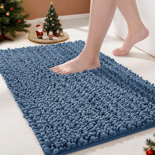 Yimobra Bathroom Rugs Non Slip Washable - Ultra Soft Absorbent Chenille Bath Mat, Quick Dry Shaggy Floor Carpet for Tub Shower, Denim Blue Home Decor Accessories, 24x17 Inch