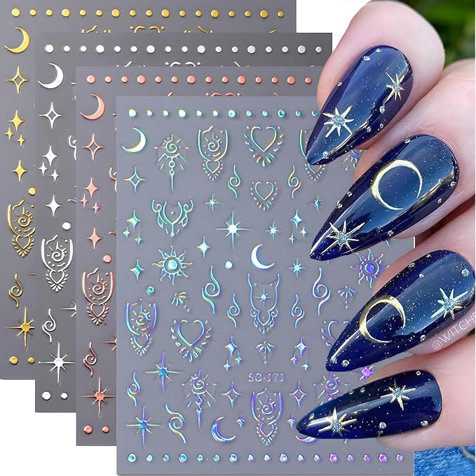 12 Sheets Star Nail Stickers for Nail Art Gold Moon Star Nail Art Stickers Decals 3D Self Adhesive Aurora Nail Decals Silver Star Nail Art Design Decoration Accessories for Women, Style 3