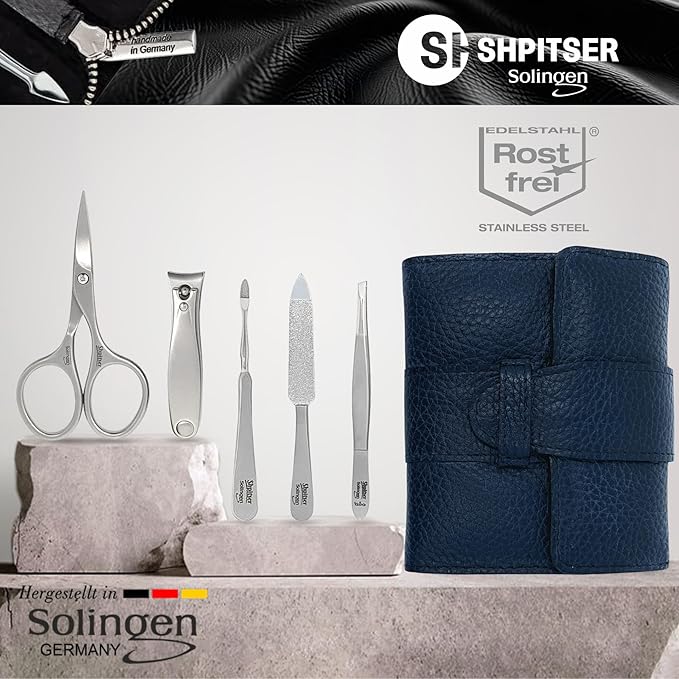 Shpitser Nail Kit, Manicure and Pedicure Women Set of 5 tools: Scissors, Clipper, Tweezers, Nail Cleaner, Nail File, Made in Solingen, Germany, Sturdy Stainless Steel, In Italian Leather Case