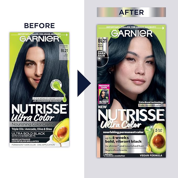 Garnier Hair Color Nutrisse Ultra Color Nourishing Creme, BL21 Reflective Blue Black (Blackberry Mojito) Permanent Hair Dye, 1 Count (Packaging May Vary)