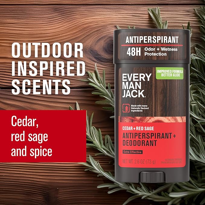 Every Man Jack Men’s Cedar + Red Sage Antiperspirant Deodorant – New & Improved Formula – Smooth Glide, 48-Hour Odor & Sweat Defense– 2.6 oz (2 Pack)
