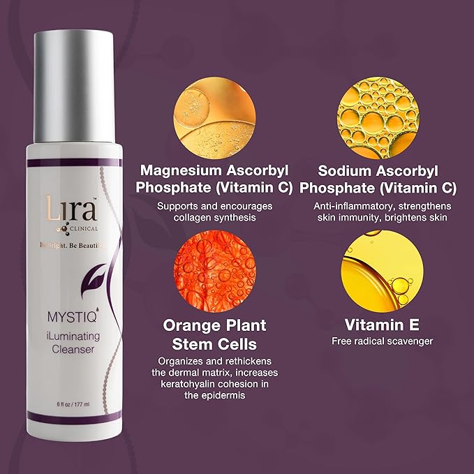 Lira Clinical MYSTIQ iLuminating Cleanser - Moisturizing Face Wash with Vitamin C, Orange Plant Stem Cells, and Plant Extracts - Gentle Facial Cleanser Supports Skin Barrier and Hydration - 6 Oz