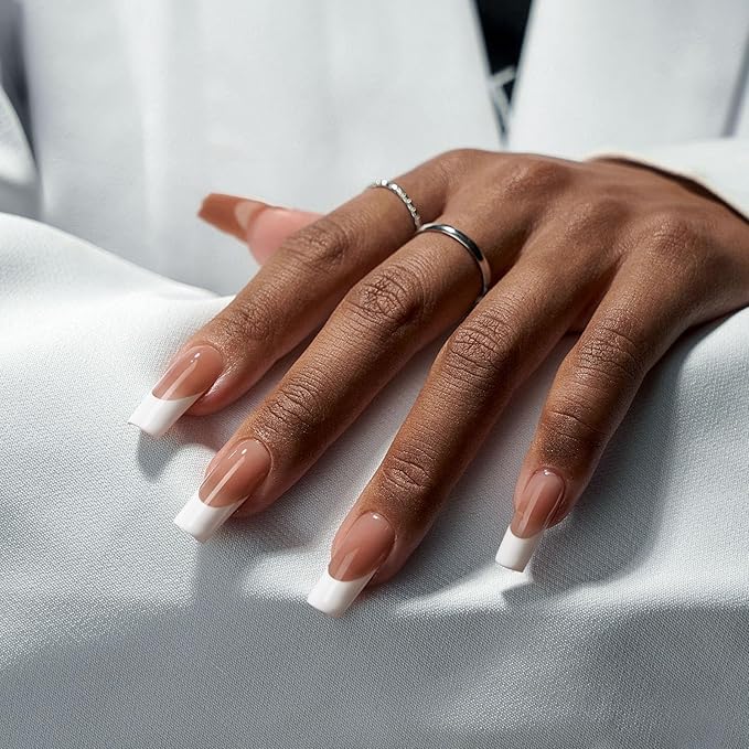 BTArtboxnails XCOATTIPS French Tip Nail Kit - Long Square Nail Tips Brown with Nail Gel, French Protecing Duo, Nail Lamp, Gel Nail Extension Kit