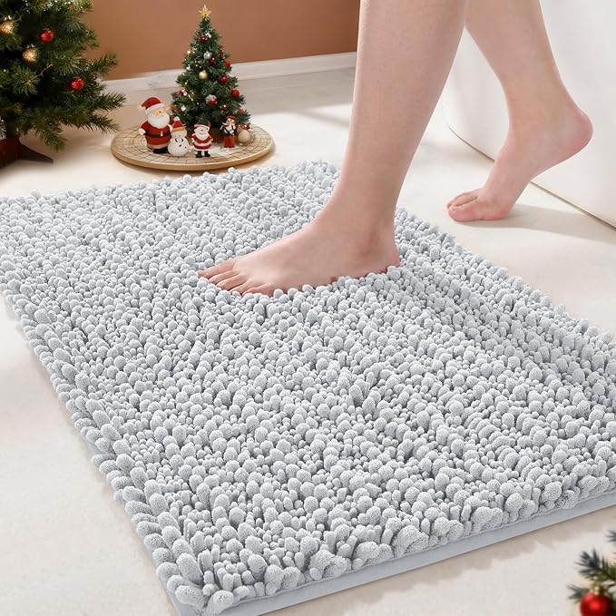 Yimobra Bathroom Rugs Non Slip Washable - Ultra Soft Absorbent Chenille Bath Mat, Quick Dry Shaggy Floor Carpet for Tub Shower, Silver Home Decor Accessories, 24x17 Inch