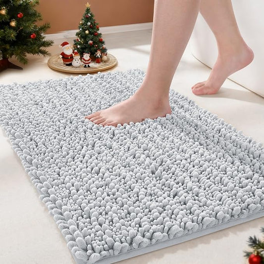 Yimobra Bathroom Rugs Non Slip Washable - Ultra Soft Absorbent Chenille Bath Mat, Quick Dry Shaggy Floor Carpet for Tub Shower, Silver Home Decor Accessories, 24x17 Inch