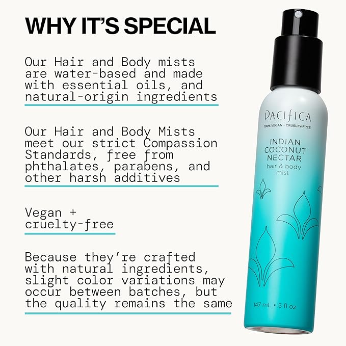Pacifica Indian Coconut Nectar Hair Mist Perfume & Full Body Spray for Women - Body Mist Fragrance w/Tiare, Sugar, Vanilla, Almond & Amber Clean Beauty Alcohol-Free, Vegan & Cruelty-Free, 5 Oz