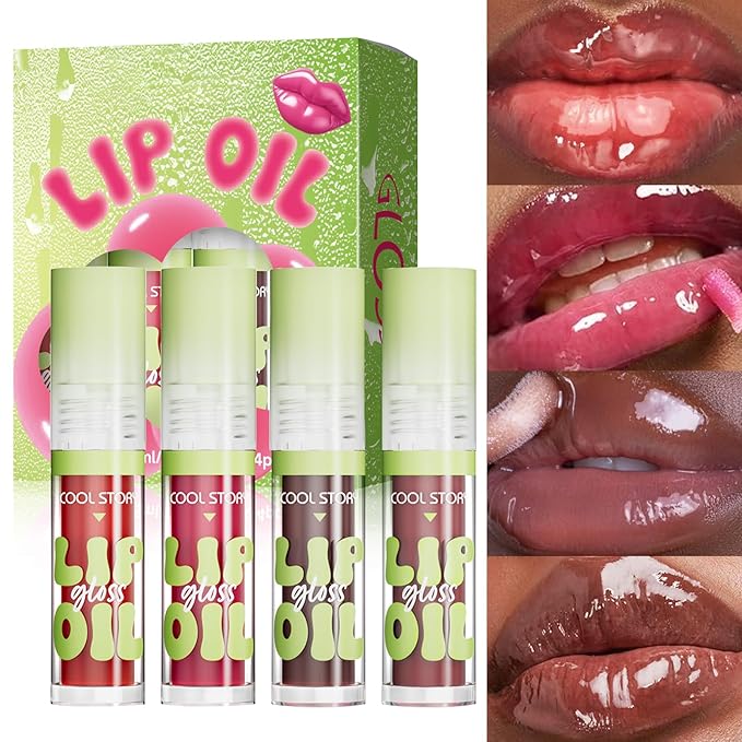 4 Pack Hydrating Glow Lip Oil Makeup Set for Women, Moisturizing Lip Gloss with Glow Finish, Long Lasting Nourishing Lip Care Fat Oil Lip Drip, Sweet Candy Scent (SET B, DARK)