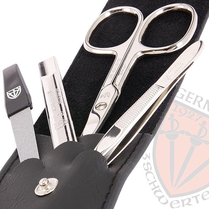 3 Swords Germany - brand quality 3 piece manicure pedicure grooming kit set for professional finger & toe nail care scissors tool genuine leather case in gift box, Made in Solingen Germany (77105)