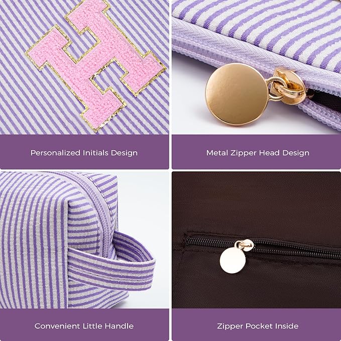 Monogrammed Gifts for Women - Cosmetic Bag for Teen,Initial Cute Makeup Bag Set for Women,Trendy Pouch for Niece Sister Friend Female Her,Birthday Gifts for Daughter - Lavender,H