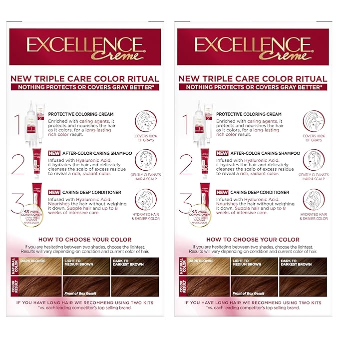 L'Oreal Paris Excellence Crème Permanent Hair Dye, Triple Care Hair Color with Pro-Keratine Complex for 100% Gray Hair Coverage, 5RB Medium Reddish Brown, 1 Kit (Pack of 2)