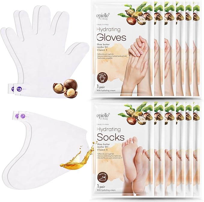 Epielle Hydrating Hand & Foot Masks for Dry, Overworked Skin, Self Care Gifts for Women, Spa Kit, Stocking Stuffers, Thanksgiving Essentials, 6 Moisturizing Gloves & 6 Moisturizing Socks