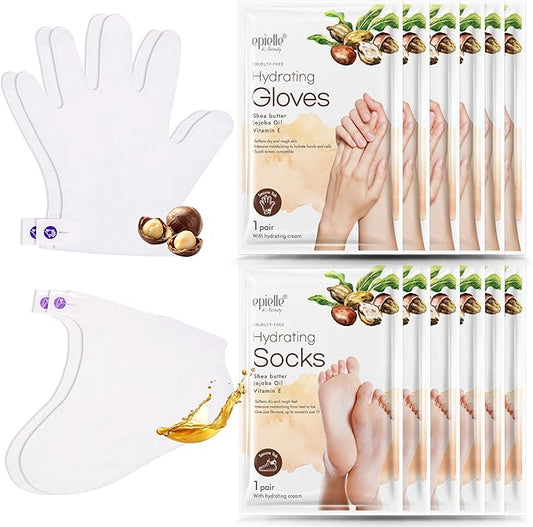 Epielle Hydrating Hand & Foot Masks for Dry, Overworked Skin, Self Care Gifts for Women, Spa Kit, Stocking Stuffers, Thanksgiving Essentials, 6 Moisturizing Gloves & 6 Moisturizing Socks