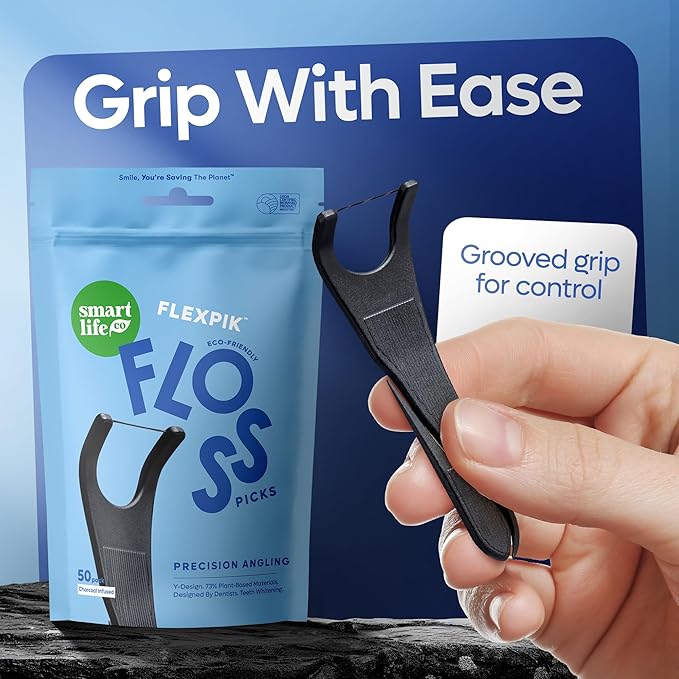 SmartLifeco Eco-Friendly Angled Dental Floss Picks (200ct) - Flossers Made With Straw Wheat Blend, Natural Whitening, Tooth Pick Stick For Adults, Vegan, Bamboo Charcoal Thread For Back Teeth & Molars
