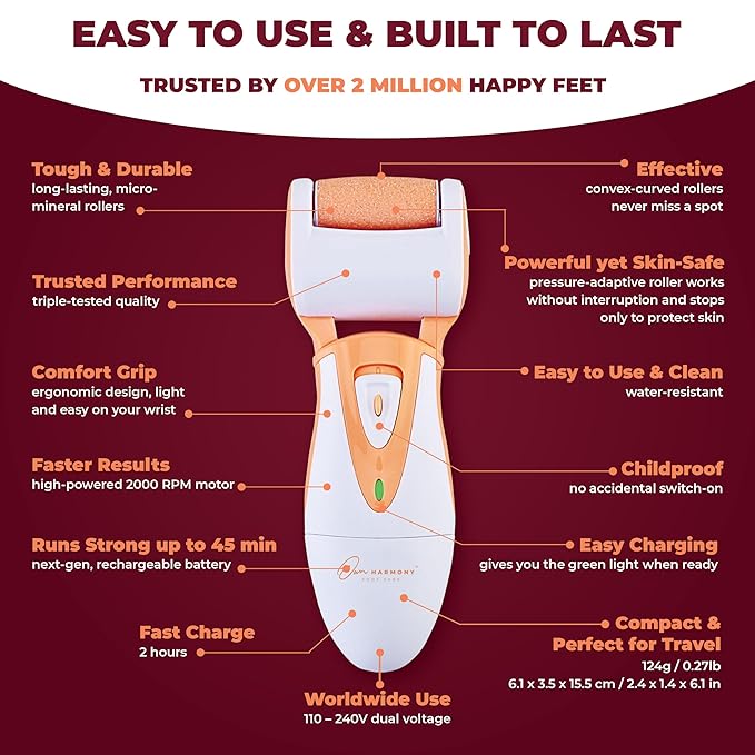 Rechargeable Callus Remover for Feet: Professional Electric Feet Sander for Women by Own Harmony - Electronic Foot File CR900 with 3 Rollers, Foot Grinder Pedi Care for Cracked Heels & Dry, Hard Skin