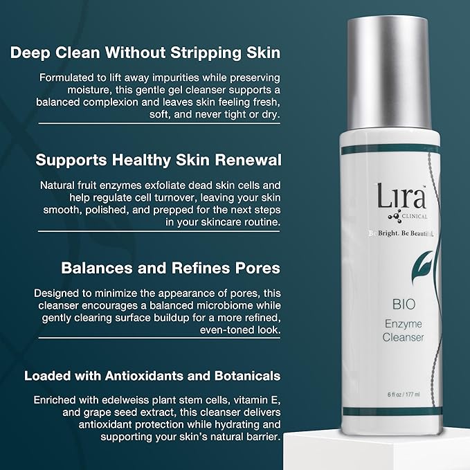 Lira Clinical BIO Enzyme Cleanser for Oily Skin Control - Papaya Enzyme Gel Face Wash - Hydrophilic Exfoliating Facial Cleanser - Deep Cleansing Skincare with Resurfacing and Hydrating Care - 6 Oz