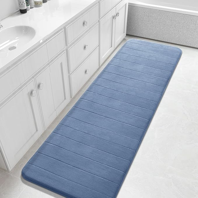 Yimobra Bathroom Runner Rugs 72"x24" Non Slip Washable Memory Foam Bath Mat, Super Soft Water Absorbent Hallway Carpet for Vanity Tub Shower, Denim Blue