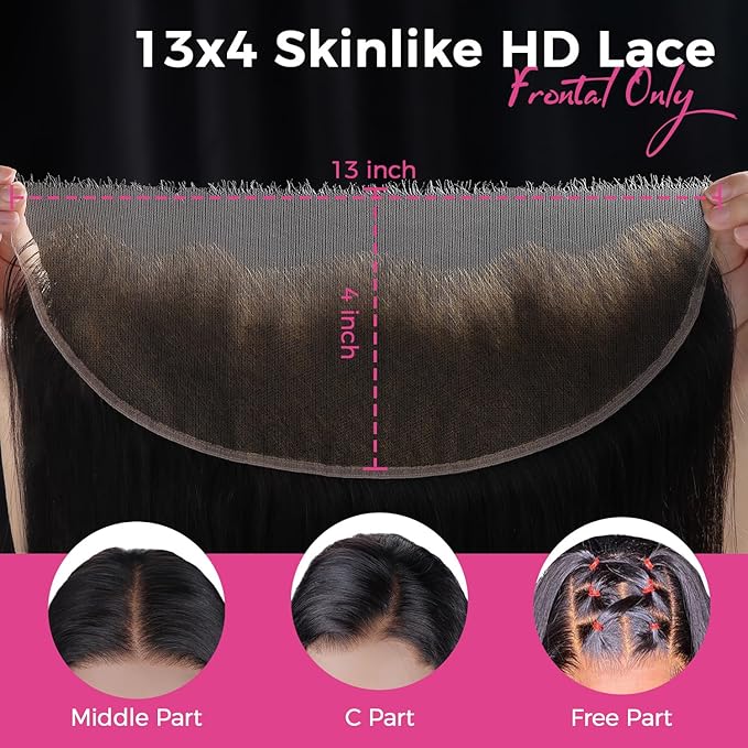 Lashey 13x4 SKINLIKE HD Lace Frontal, 0.10mm Ultra-Thin Invisible Real HD Frontal Pre Bleached Knots Pre Plucked Hairline Straight Human Hair 18 Inch Natural Black