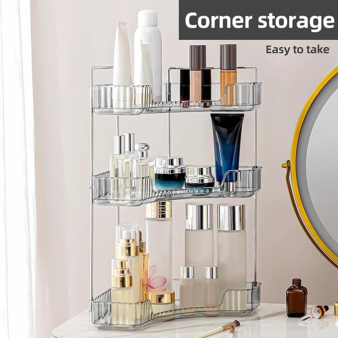 YCIA&DONE Corner Bathroom Counter Organizer, Makeup Organizer for Vanity, Skincare Cosmetic Perfume Tray, Corner Countertop Shelf Rack Storage for Bathroom Kitchen 3Tiers (Smoky Gray)