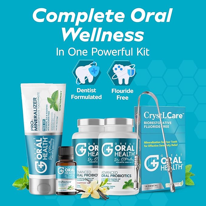 Dental Care Kit 6-in-1 Oral Hygiene Products for Adults: Oral Probiotics for Teeth & Gums, Nano Hydroxyapatite Toothpaste, Natural Breath Freshener Oil, Tooth Sensitivity Treatment & Tongue Scraper