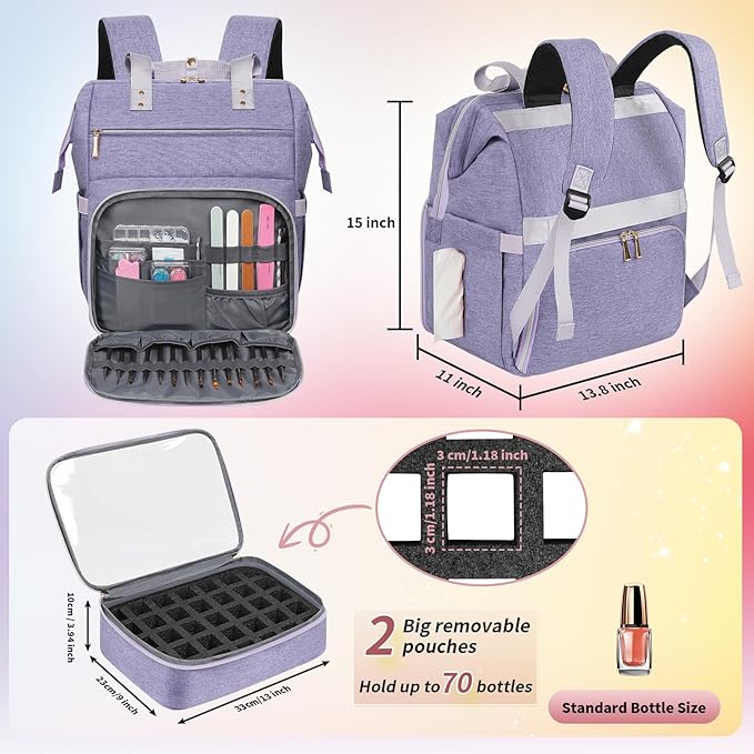 Nail Polish Organizer Case Backpack Holds 70 Bottles (15ml/0.5fl.oz) & Nail Lamp, 2 Layers Detachable Nail Kit Storage Case, Large Travel Nail Supplies Shoulder Bag for Manicure Tools (Purple)
