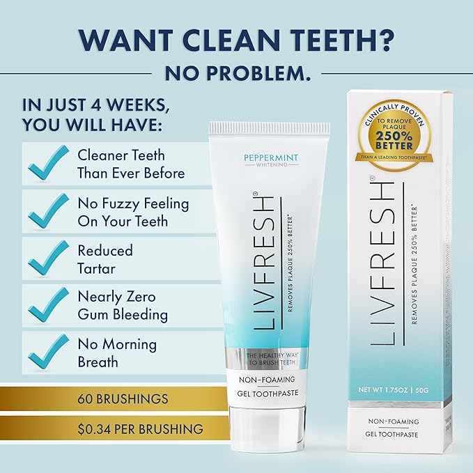 LIVFRESH Toothpaste Gel, Clinically Proven to Remove Plaque 250% Better, Improves Gum Health 190% Better, Prevents & Reduces Tartar, Freshens Breath, SLS Free Dental Gel, Peppermint, 2 Pack