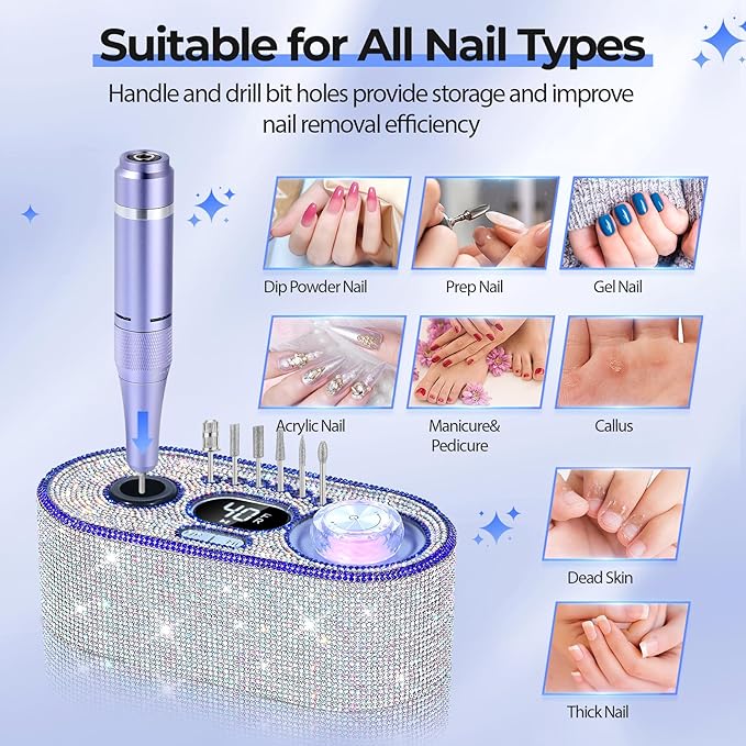 Electric Nail Drill Professional: Shiny 40000RPM Electric Nail File Kit E File Nail Drill Machine with LCD Display for Acrylic Gel, Manicure Pedicure Polishing Grinder for Salon Home, Diamond