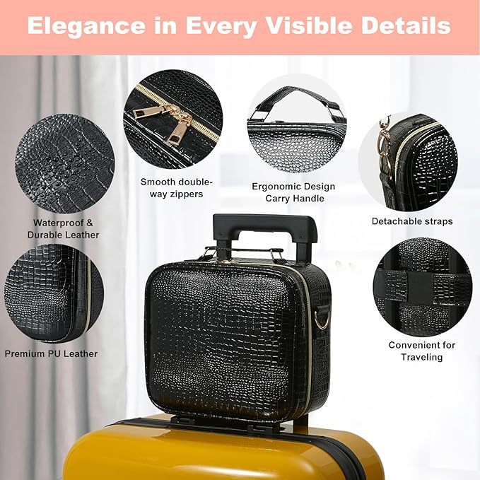 Mocado Travel Makeup Bag with LED Lighted Mirror, Travel Makeup Organizer, Makeup Case with 3 Color Lighted Setting and 10x Magnifying Mirror, Portable Storage and Adjustable Dividers (Crocodile)