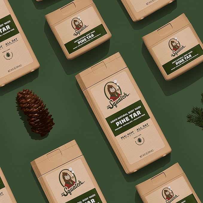 Dr. Squatch NEW Body Wash for Men with Nourishing, Natural Ingredients | No Paraben, Phthalate, Sulfate | Pine Tar (14 oz), Coconut Castaway & Wood Barrel Bourbon (8 oz, 2-Pack) & Body Scrubber