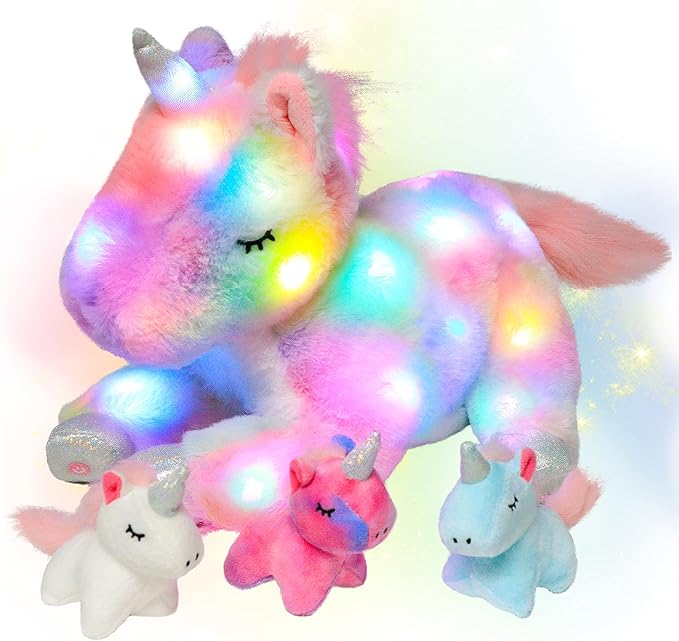 Hopearl LED Plush Unicorn Lighting Up Stuffed Mommy Unicorn with 3 Baby Unicorns in her Tummy Stuffed Animal Playset Night Lights Glow in The Dark for Mom Toddler Girls, Rainbow, 19''