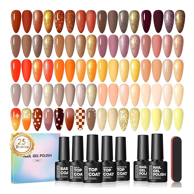 COSCELIA 25 Bottles Fall Gel Nail Polish Set, 20 Colors Gel Polish with 5pcs Top Base Coat Nude Brown Red Yellow Glitter Autumn Winter Colors Nail Art Manicure Starter Kit Christmas Gifts for Women