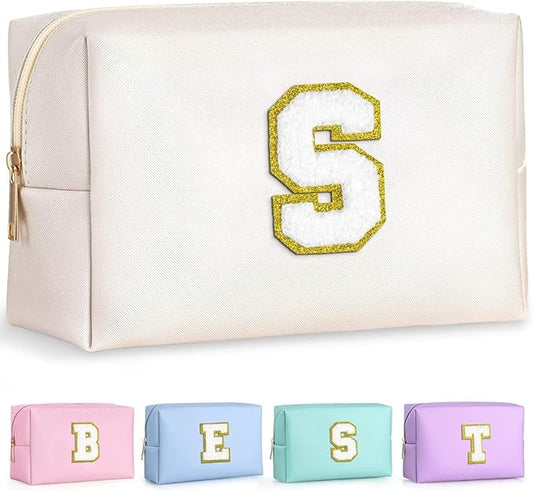 TOPEAST Initial Cosmetic Bag for Women, Preppy Small Makeup Bag, PU Leather Waterproof Toiletry Bag, Monogrammed Birthday Gifts for Women, Stuff for girls (White S)