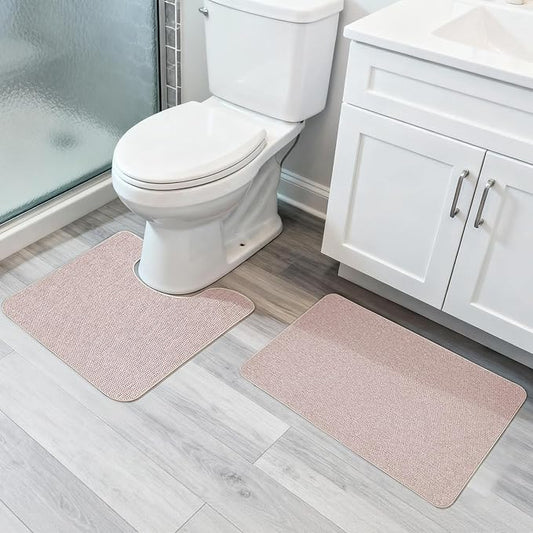 Bathroom Rugs Set 2 Pieces,Thin Bathroom Mats,Toilet Rugs,Quick Dry,Non-Slip,Machine Washable,Low Pile,Absorbent Bath Mats,Shower,Sink,Home Decor Accessories.Beige,1'5"x2'3"+1'8"x2" U Shape