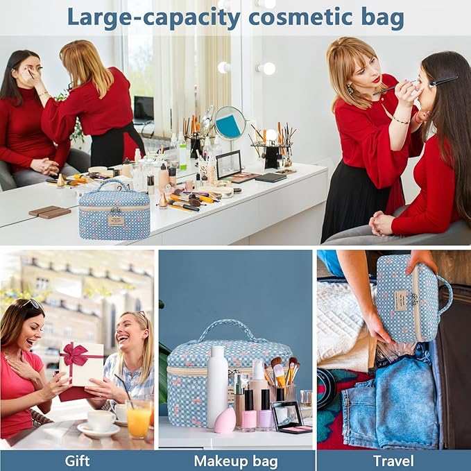 Large Makeup Bag, Cute Cosmetic Bag for Women Girls, Floral Coquette Aesthetic Toiletry Bag, Travel Make Up Organizer Bag (Blue Butterfly)