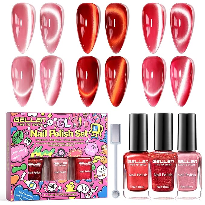 GELLEN Quick Dry Cat Eye Nail Polish Kit, 3 Colors Cranberry Spark Magnetic Fingernail Polish, Fast Drying Glitter Nail Lacquer Non Gel with Magnet Tool, DIY Salon Home