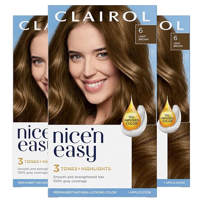 Clairol Nice'n Easy Permanent Hair Dye, 6 Light Brown Hair Color, Pack of 3