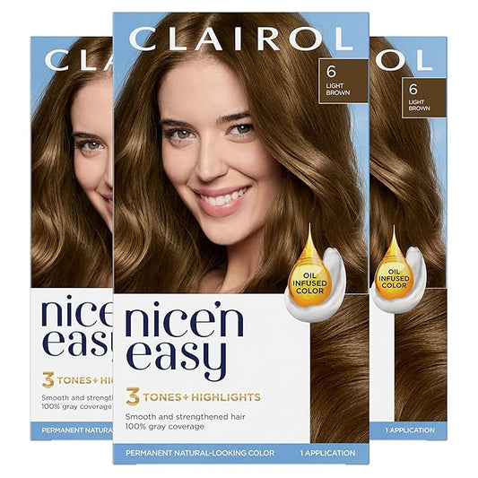 Clairol Nice'n Easy Permanent Hair Dye, 6 Light Brown Hair Color, Pack of 3