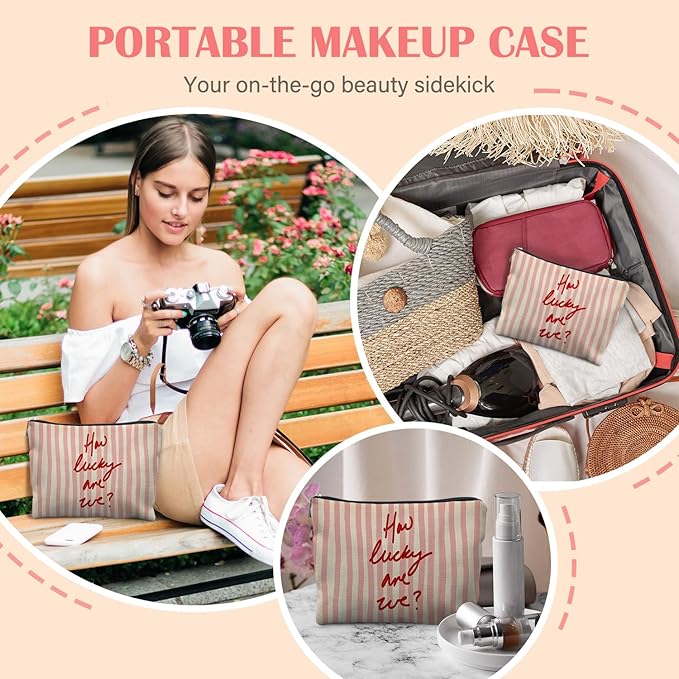 Retro Red Pink Striped Makeup Bag for Women, Positive Gifts for Women, How Lucky Are We Trendy Aesthetic Cosmetic Bag for Purse, Preppy Girly Makeup Zipper Pouch