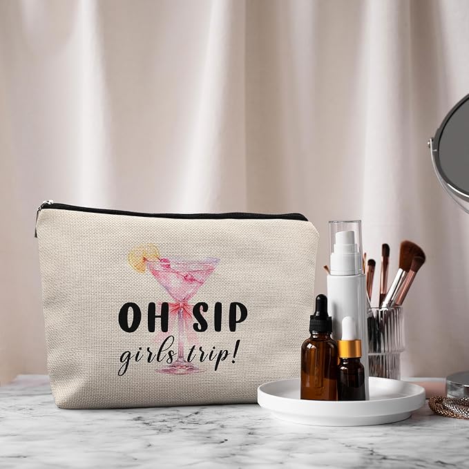 Pink Bow Martini Makeup Bag, Gifts for Martini Cocktail Lovers Cosmetic Bags, Best Friend Bestie BFF Gifts for Women, Preppy Cocktail Makeup Zipper Pouch