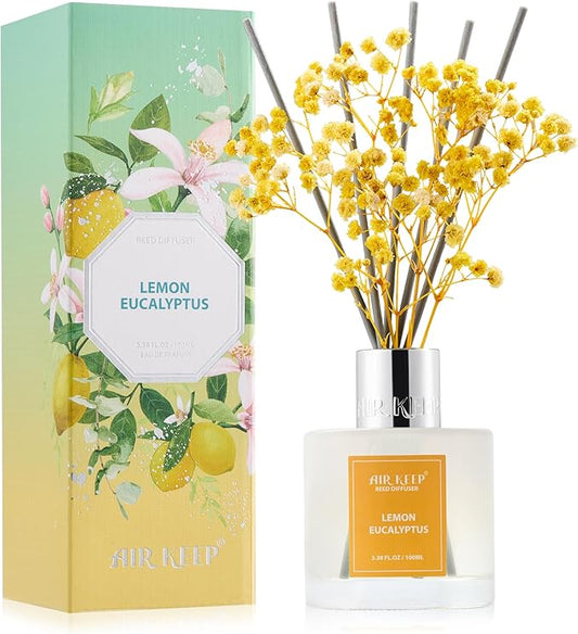 Airkeep Reed Diffuser Set,3.38 fl oz (100 ml) - Lemon Eucalyptus Oil Diffusers with 8 Reed Sticks, Home Fragrance Reed Diffuser for Bathroom Shelf Decor
