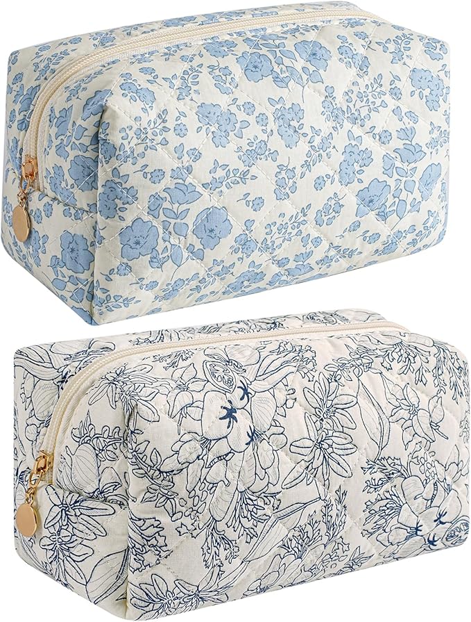 Makeup Bag Travel Cosmetic Bag for Women Girls, Zipper Make Up Pouch, Floral Flowers Toiletry Organizer Makeup, Portable Storage Bag, Cosmetic Travel Cloth Bag (Blue Floral+Navy Blue Flower)