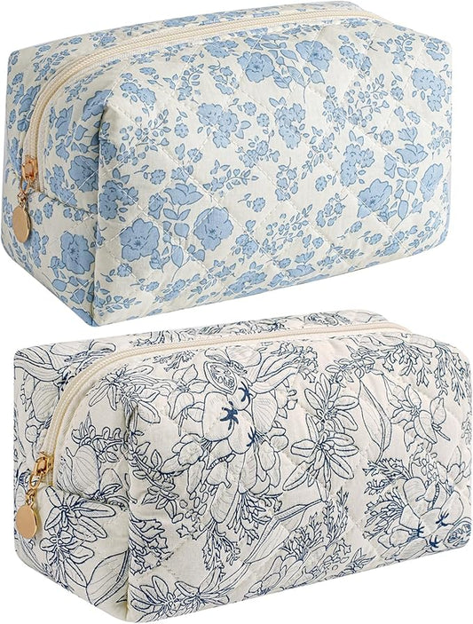 Makeup Bag Travel Cosmetic Bag for Women Girls, Zipper Make Up Pouch, Floral Flowers Toiletry Organizer Makeup, Portable Storage Bag, Cosmetic Travel Cloth Bag (Blue Floral+Navy Blue Flower)